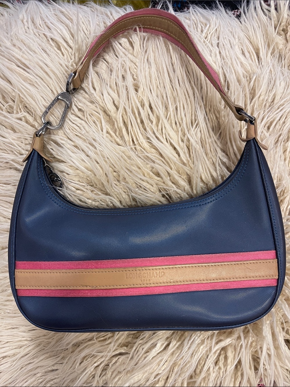 Vintage retro Longchamp Navy Shoulder Bag with Pink and Tan Stripes